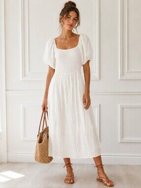 Indigo Rose White Smocked Maxi Dress | Puff Sleeve Cottagecore Boho | Size M